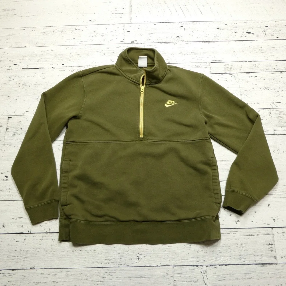 Nike Club Fleece Sweatshirt Adult‎ M Green Fleece 1/2 Zip Gold Logo Mock Neck